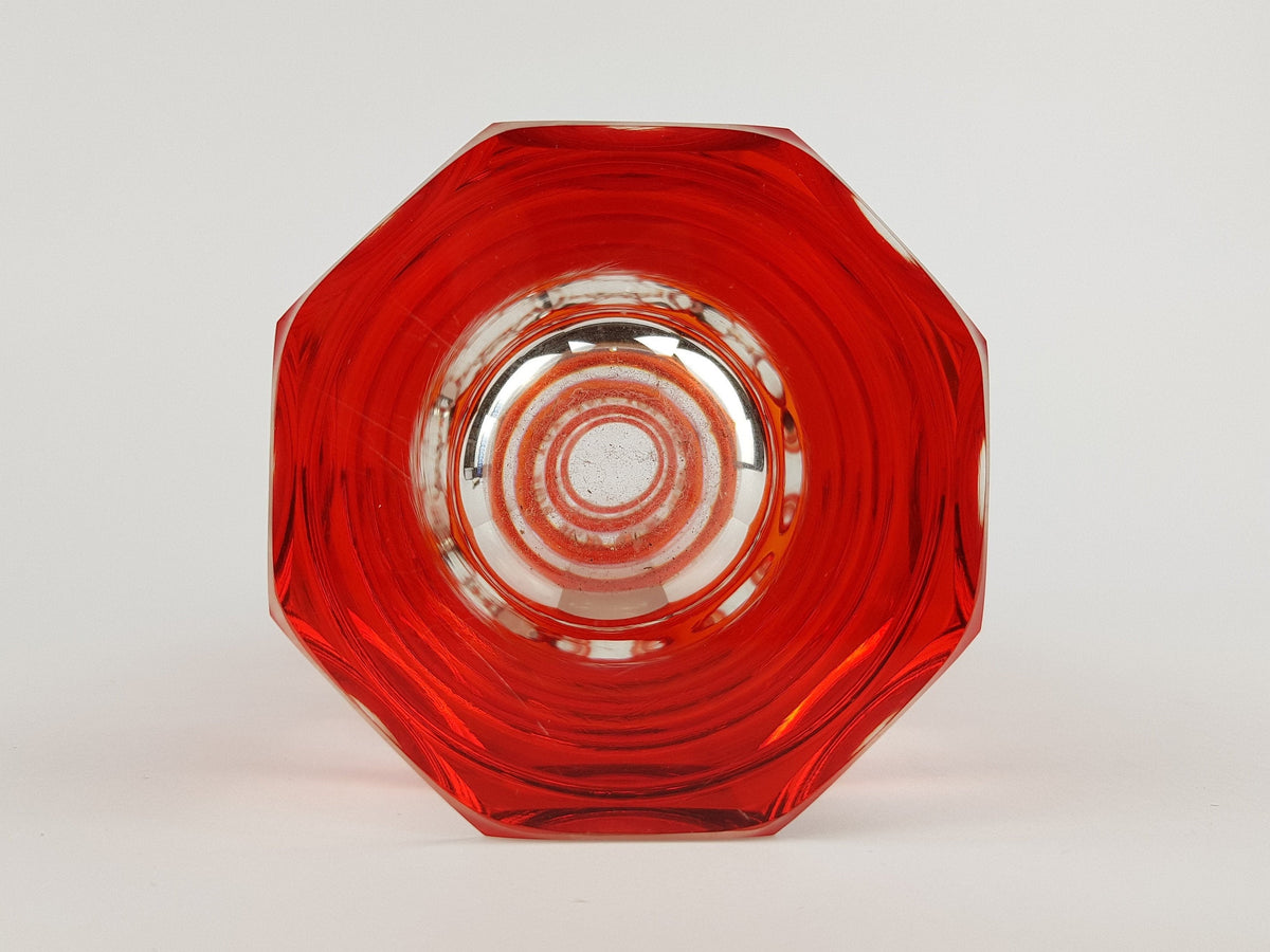 Vintage Stunning Red VEB GLASWERKE SCHMIEDEFELD by Oldrich Lipsky Octagonal Facetted Crystal Glass Exbor Vase 1960s 1970s