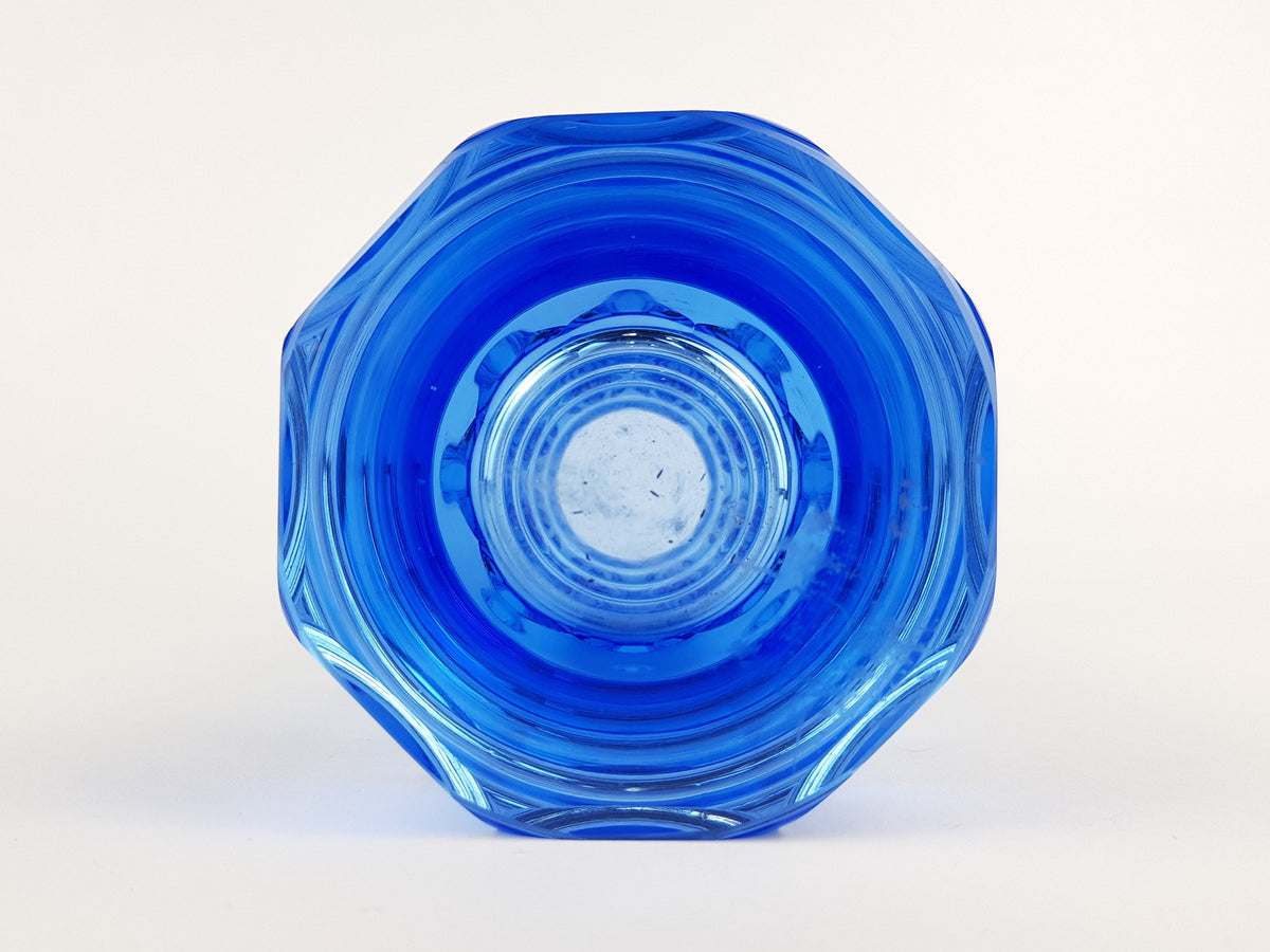 Vintage Blue VEB GLASWERKE SCHMIEDEFELD by Oldrich Lipsky Octagonal Facetted Crystal Glass Exbor Vase 1960s 1970s