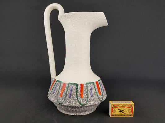 Vintage White and Multicolored ROBERTO RIGON Handled Pitcher Vase 6T Italian Pottery 1960s 1970s