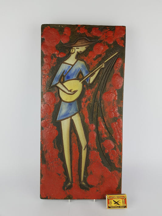 Rare Vintage Red RUSCHA KERAMIK Fat Lava Wall Plate with Musician Decor Dokumenta Serie by Adele Bolz 1960s