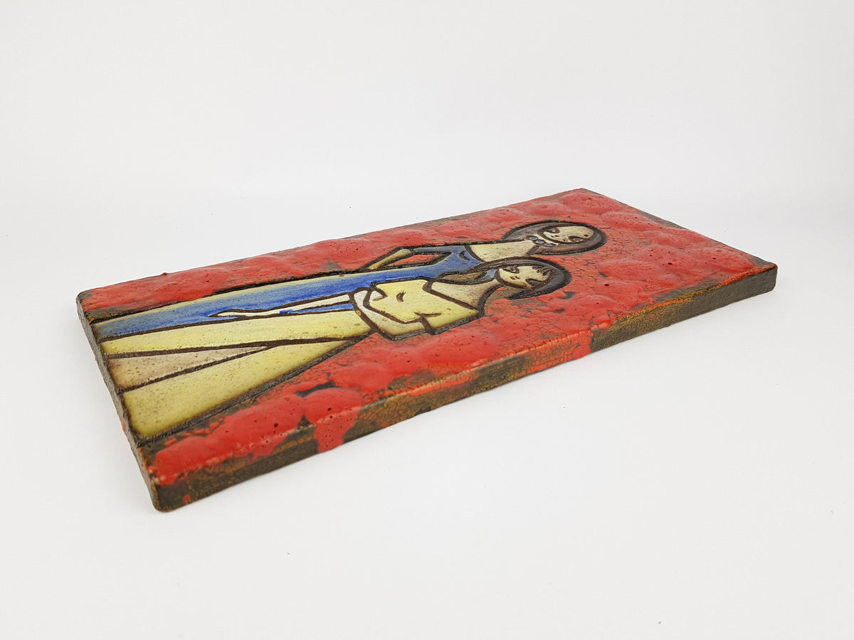 Rare Vintage Red RUSCHA KERAMIK Fat Lava Wall Plate with Girls Decor Dokumenta Serie by Adele Bolz 1962s