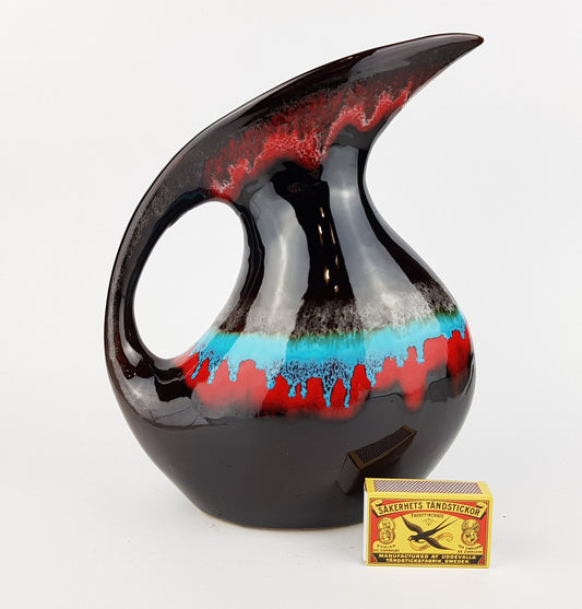 Vintage VALLAURIS Brown with Red and Blue Drip Glaze Jug Vase from France 1960s