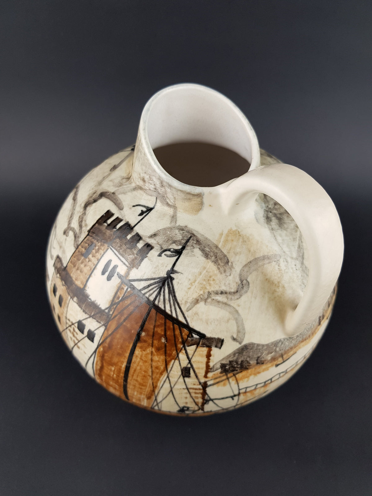 Vintage JAWE EDELKERAMIK Hand Painted Jug Vase with Castell decor Sail Boat West German Pottery 1950s