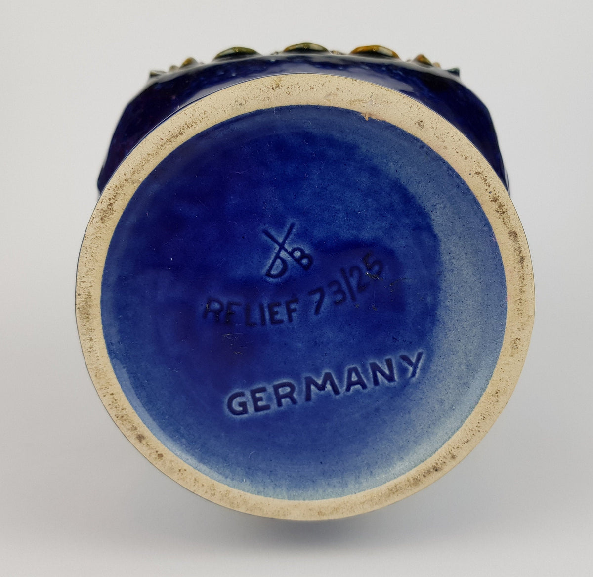 Vintage DÜMLER & BREIDEN Keramik Blue and Ochre Fat Lava Vase Studio Serie 73/25, West German Pottery 1970s