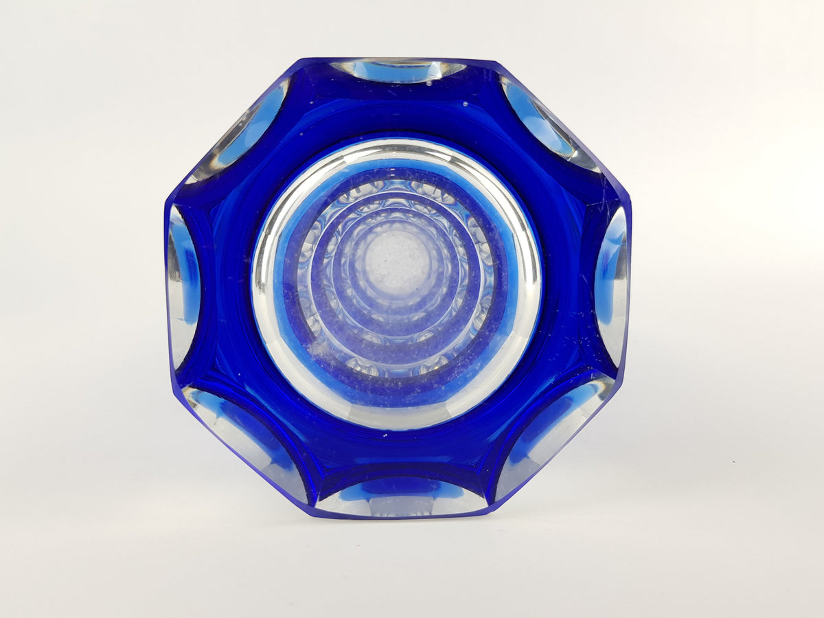 Vintage Blue VEB GLASWERKE SCHMIEDEFELD by Oldrich Lipsky Octagonal Facetted Crystal Glass Exbor Vase 1970s
