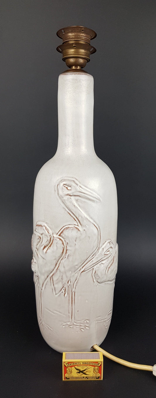 Vintage MOBACH KERAMIEK Beige White Lamp with Heron Decor Dutch Pottery 1970s with UK plug on/off switch