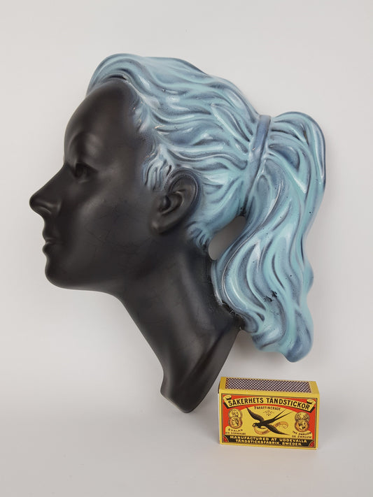 Vintage CORTENDORF Polychrome Glazed Wall Mask 3408 Girl with Blue Hair by Albert Strunz West German Pottery 1958s