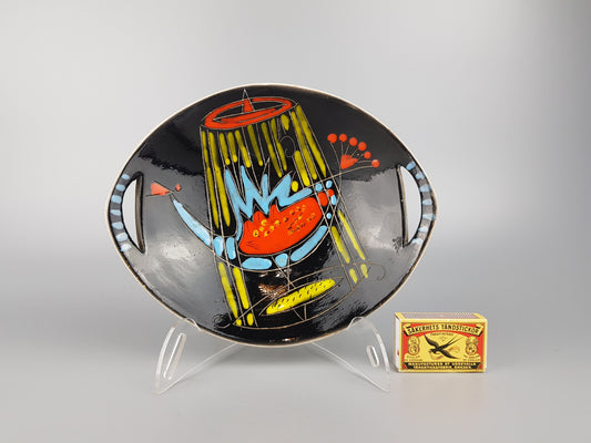 Vintage ALLA MODA Black with Multi Colored Decor Bowl / Plate Fatto A Mano (Hand Made) Italian Pottery 1950s