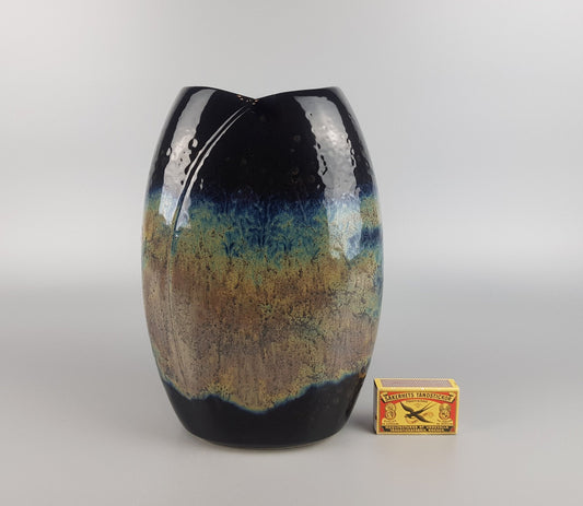Vintage BAY EXTRA Black Yellow and Blue Vase Fish Mouth Vase West German Pottery 1980's