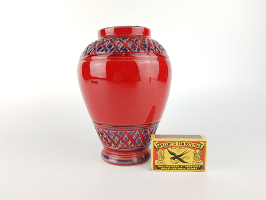 Vintage Red Italian Vase With Blue Relief Decor ALLA MODA Italian Pottery 1960s
