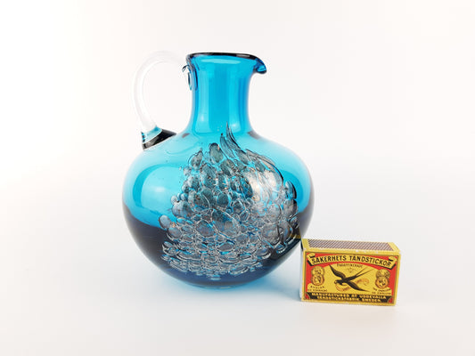 Vintage SCHOTT ZWIESEL Blue GLASS Design Handled Jug Vase With Florida decor by Heinrich Loffelhardt 1960-70s