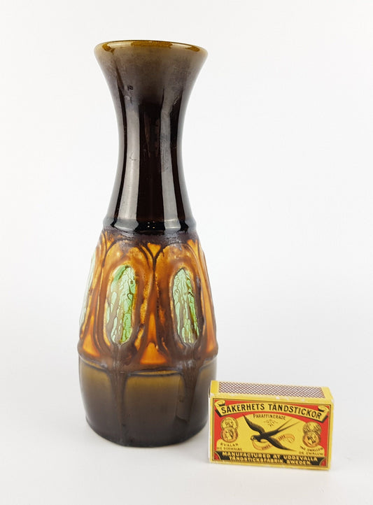 Vintage ECKHARDT and ENGLER KERAMIK Brown Vase with Green Decorations 2043-20 From West Germany 1950s