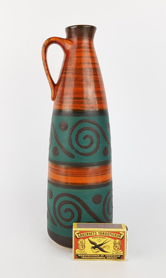 Vintage DÜMLER & BREIDEN Handled Brown Teal Vase with Swirls Decor 375-24 West German Pottery 1970s
