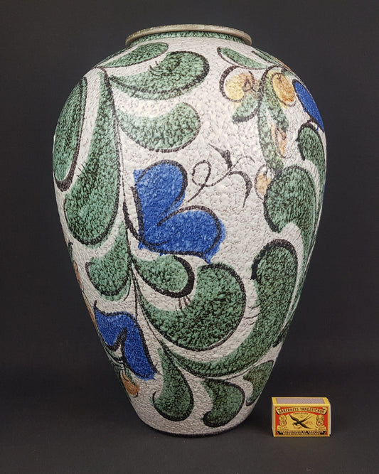 Vintage RUSCHA KERAMIK 849/3 Floor Vase with Enzian Decor West German Pottery 1950s