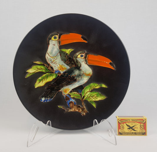 Vintage KARLSRUHER MAJOLIKA Wall Plate with Toucan Decor by Karl-Heinz Feisst 6312 West German Pottery 1950s