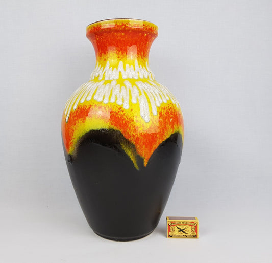 Vintage BAY KERAMIK Brown, Yellow and Orange Vase With White Fat Lava Decor 66 40 West German Pottery 1960s