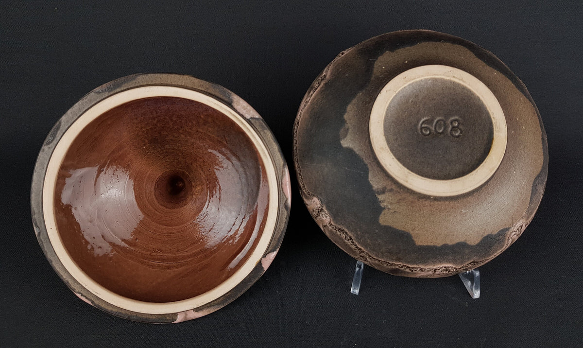 Vintage RUSCHA KERAMIK Brown with Pink Accents Bowl with Lid 608 West German Pottery 1967