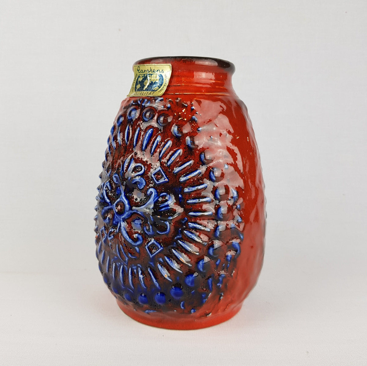 Vintage CARSTENS KERAMIK Red and Blue Vase Relief Decor 7404-20 West German Pottery 1970s