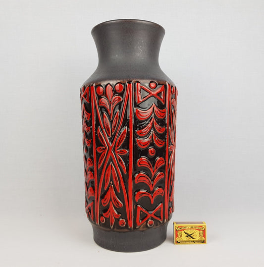 Vintage UBELACKER (Ü-Keramik) Brown with Red Relief Vase 1345 45 West German Pottery 1960s 1970s