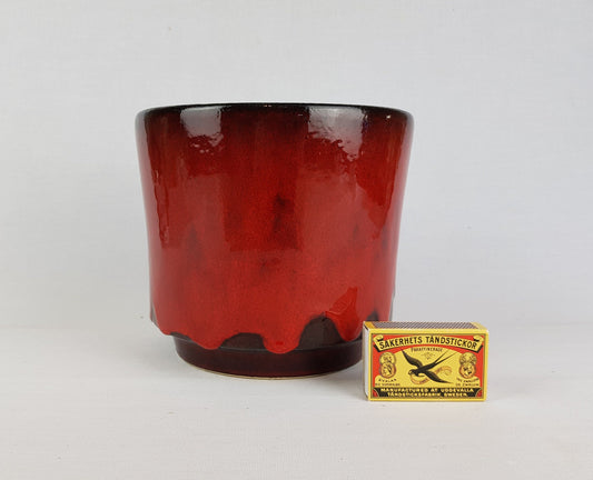 Vintage Red and Brown Planter Flower Pot with Dripped Glaze West German Pottery 1970s