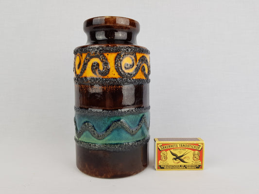 Vintage SCHEURICH KERAMIK Brown Vase with Yellow and Green Swirl decor 203 18 West German Pottery 1970s