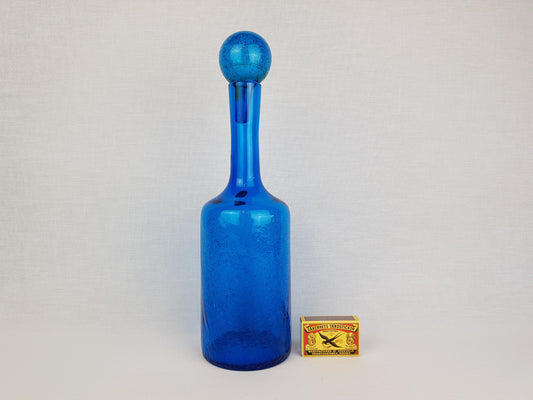 Vintage Italian Blue Crackle Glass Decanter with Ball Stopper from Italy 1970s