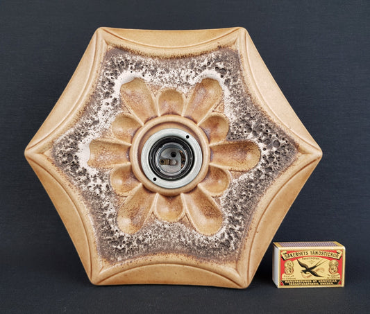 Vintage PAN KERAMIK Beige and Brown Hexagon Wall or Ceiling Lamp Light Sconce West German Pottery 1970s