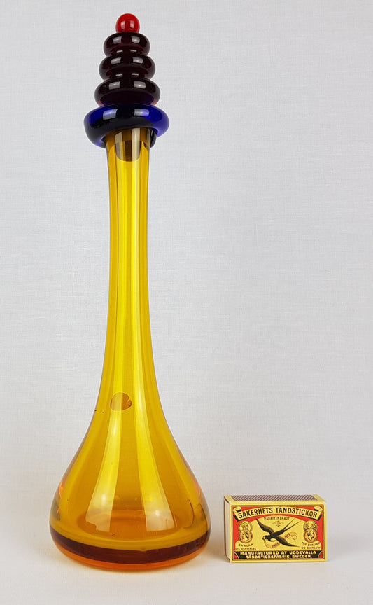 Vintage KASPAR SILESIA Yellow Blue and Red Handblown Art Glass Decanter Germany MCM