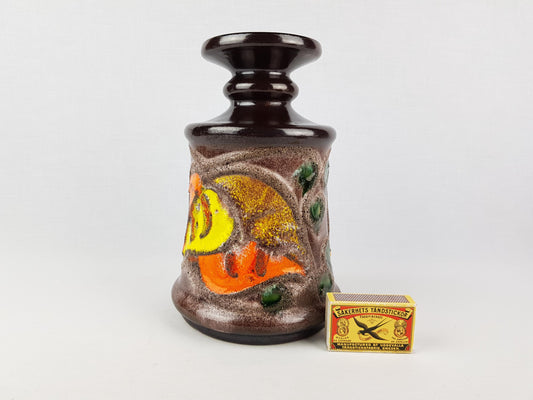 Vintage VEB STREHLA Brown Vase with Leaf Decor 1268-0 East German DDR Pottery 1960s