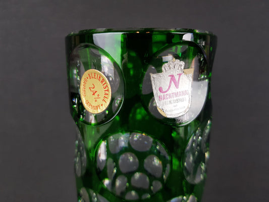 Vintage NACHTMANN BLEIKRISTALL Green Cut to Clear Glass Vase Bamberg West Germany 1950s
