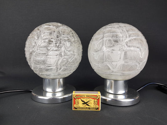 Pair of vintage DORIA LEUCHTEN, Footed Table or Bedside Lamps with Crackled Glass Bulb Shades West-Germany 1970s