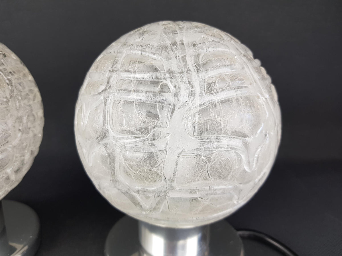 Pair of vintage DORIA LEUCHTEN, Footed Table or Bedside Lamps with Crackled Glass Bulb Shades West-Germany 1970s