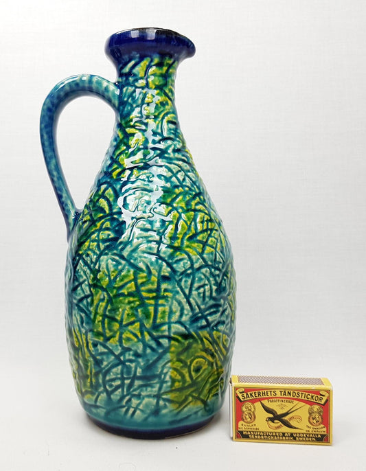 Vintage BAY KERAMIK Blue and Green Pitcher Vase 77-25 West German Pottery 1960s 1970s