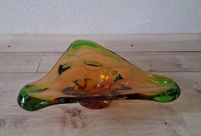 Vintage MSTISOV GLASSWORKS Amber and Emerald Glass Bowl of Niagara Collection by Frantisek Zemek Czechoslovakia 1960s