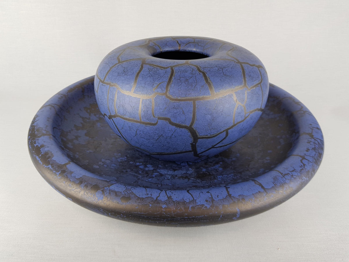 Vintage STEULER KERAMIK Folded Matt Blue Vase With Golden Craquele Look Glaze West German Pottery 1980s
