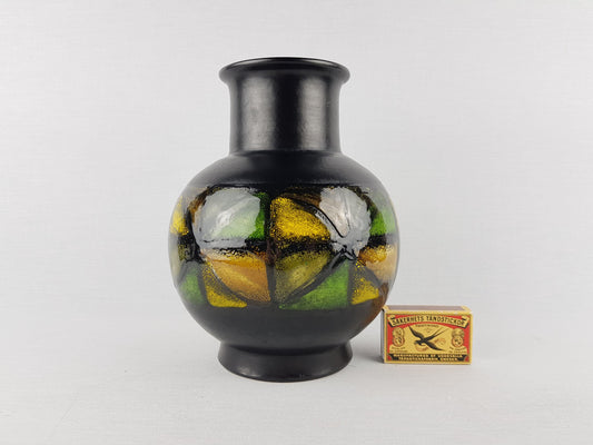 Vintage Black BITOSSI Vase with Green and Yellow Vetrata Decor by Aldo Londi from Italy 1960-70
