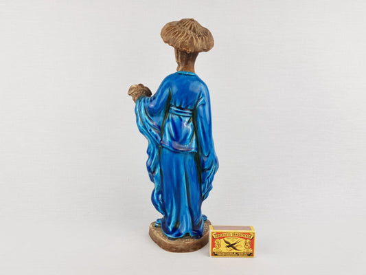RARE Vintage URBANO ZACCAGNINI Chinese Lady in Blue with Mushroom Hat Figurine Italian Pottery 1950s 1960s
