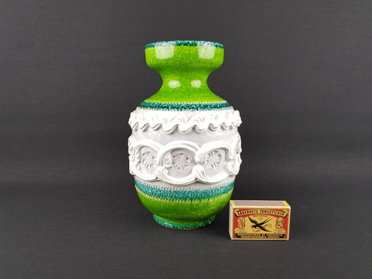 Vintage NUOVO RINASCIMENTO CERAMICHE Handpainted Green Vase with Relief Decor 1960s Italian Pottery