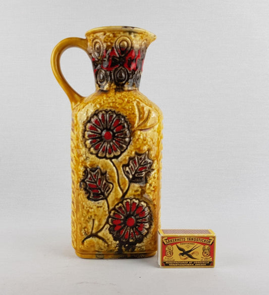 Vintage ÜBELACKER Keramik Yellow Vase With Red Floral Decor 1754/24 West German Pottery 1970s