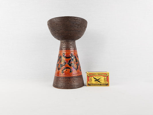 Vintage BITOSSI Dark Brown Candleholder with incised pattern Italian Pottery 1960s