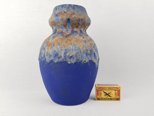 Vintage RUSCHA KERAMIK Blue and Brown Fat Lava Vase 858 West German Pottery