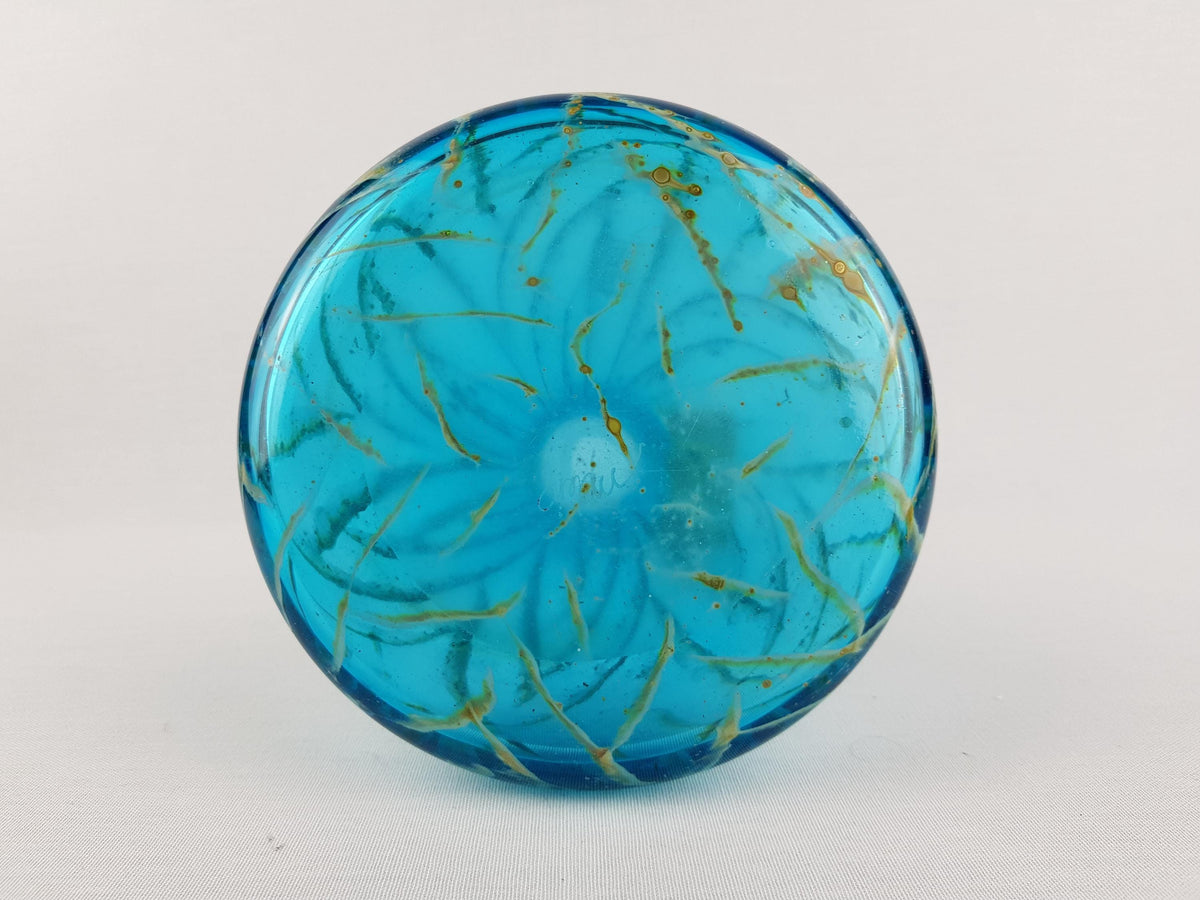 Vintage MDINA Blue Glass Karaf With Yellow Stripes Decor from Malta 1970s