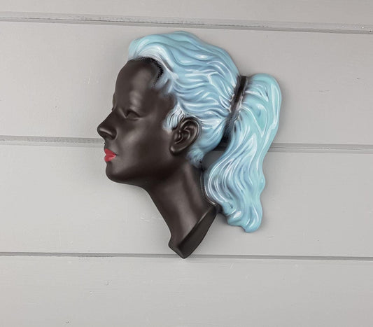 Vintage CORTENDORF Polychrome Glazed Wall Mask 3408 Girl with Blue Hair and Red Lips by Albert Strunz West German Pottery 1958s