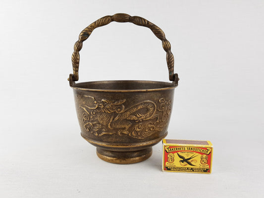 Vintage Chinese Style Brass Dragon Bowl with Handle Late Qing Dynasty Style- 820g