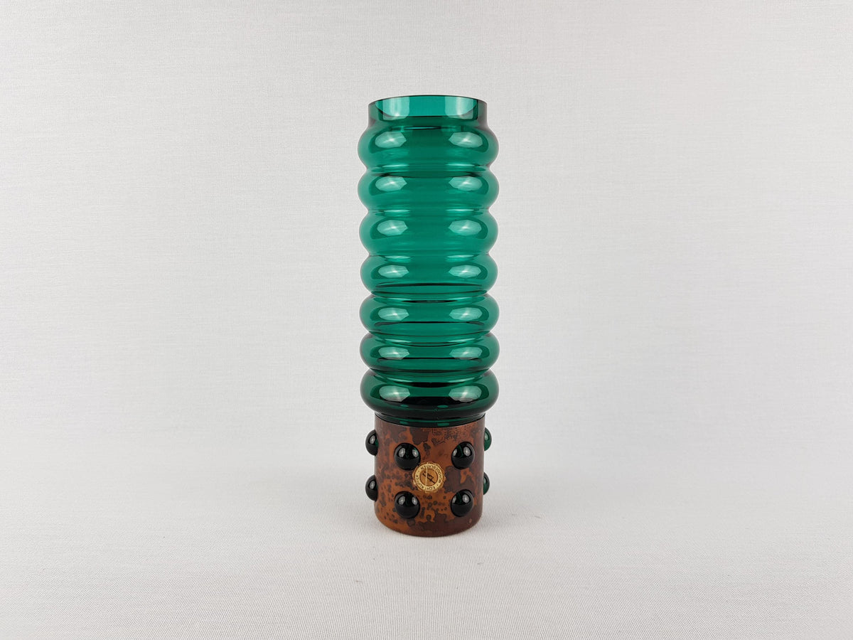 Vintage DRIBURG KRISTALL Handled Green Ribbed Vase with Copper Base "Vercuna" Serie by Theodor Hoffmann (teha) 1960's