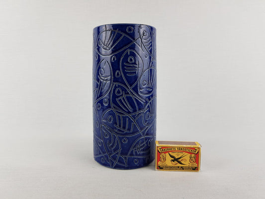 Vintage BLUE CILINDER VASE – Sgraffito Fish Decor 1960-70's