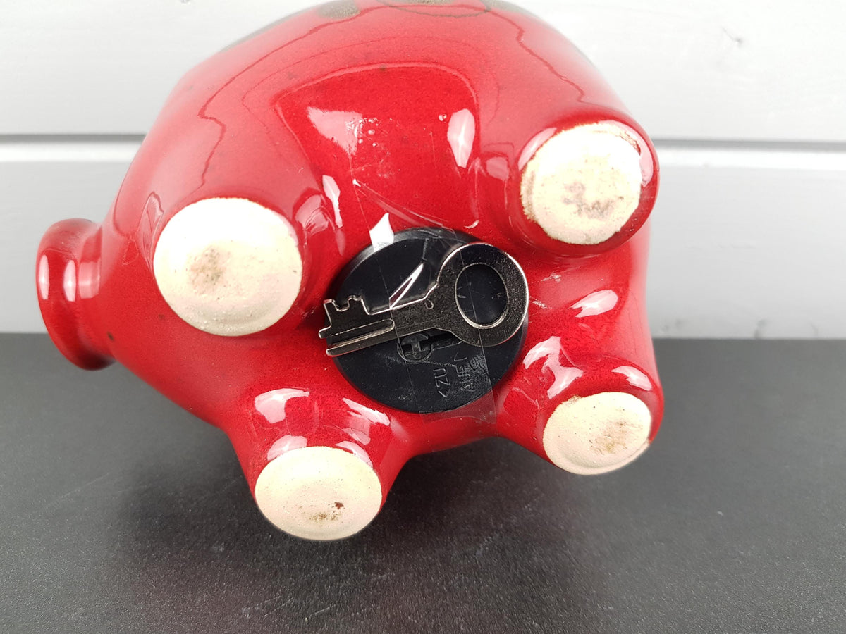 Vintage SCHEURICH KERAMIK Red Piggy Money Bank ''Clover'' Decor West German Pottery Fat Lava Era 1970s