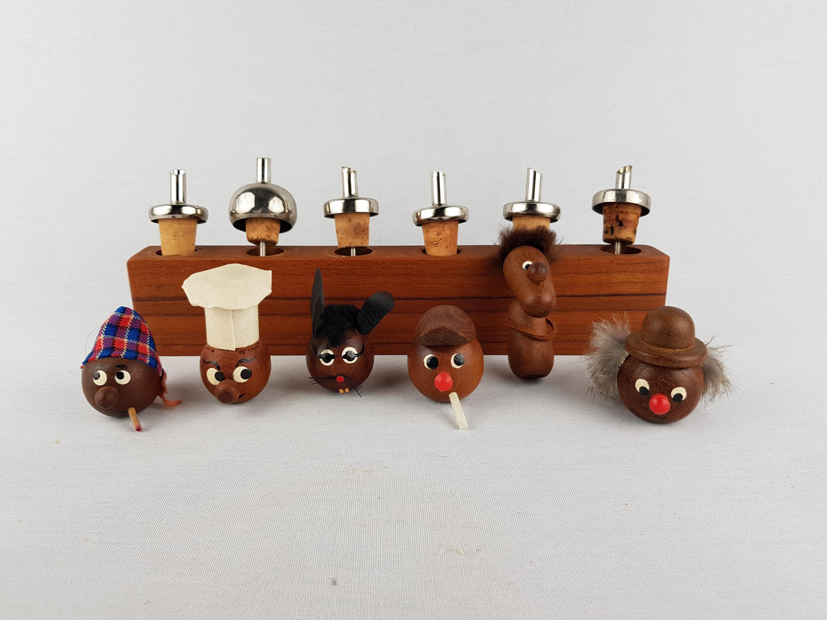 Set Of 6 Vintage TEAK BOLLING BOJESEN Cork Wine Bottle Stoppers Various People Decor Danish 1960s