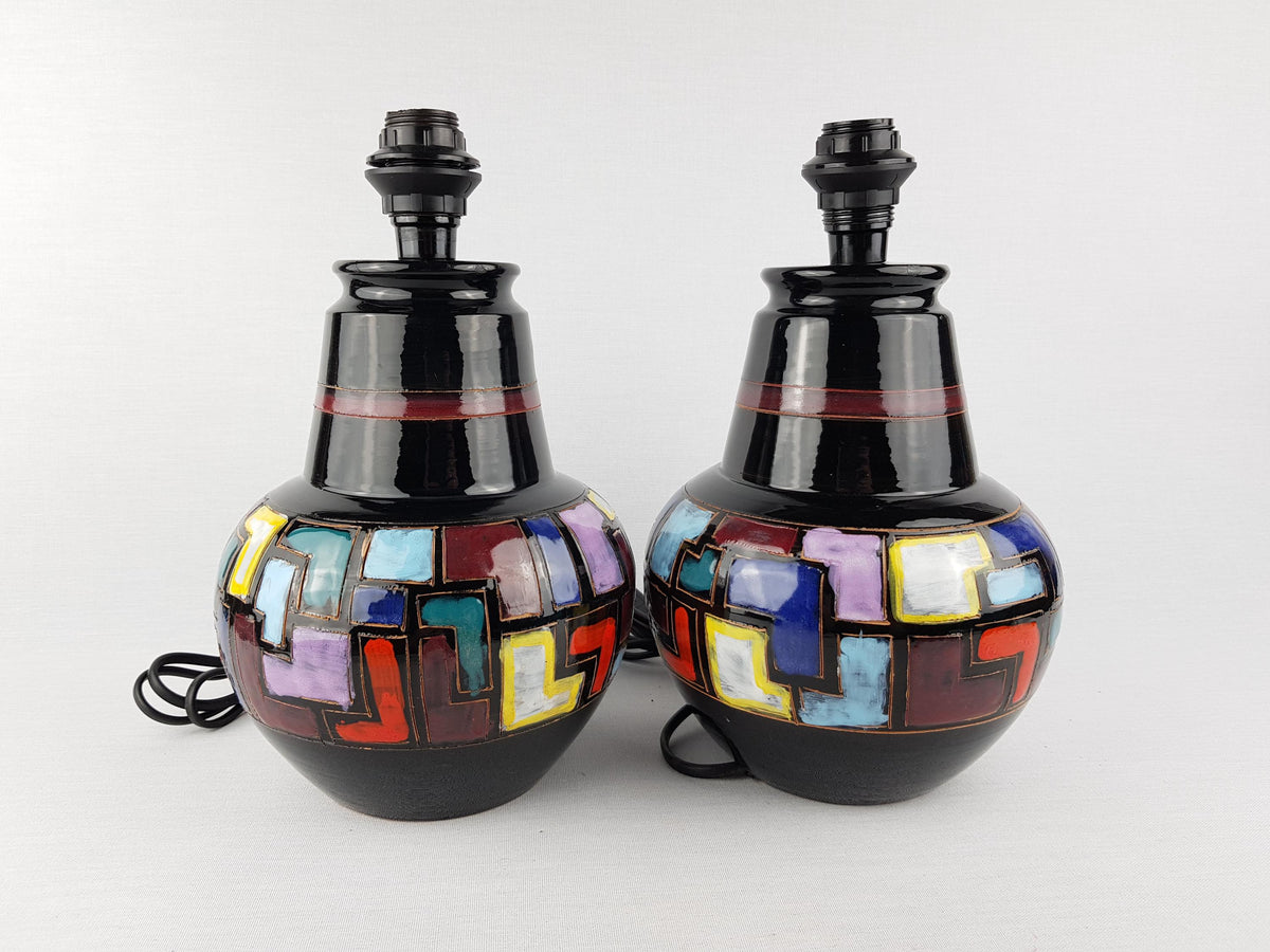 Set of 2 Vintage BITOSSI CERAMICHE Black Table Bedside Lamps With Colorful Geometric Decor 1960-70