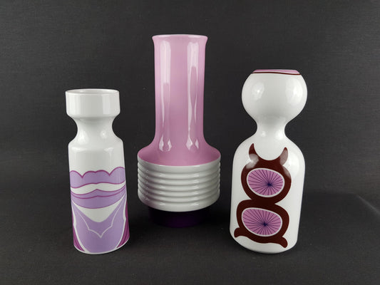 Vintage Set of 3 Purple and Pink Porcelain Vases Schumann Arzberg Jaeger Bavaria West Germany 1970s